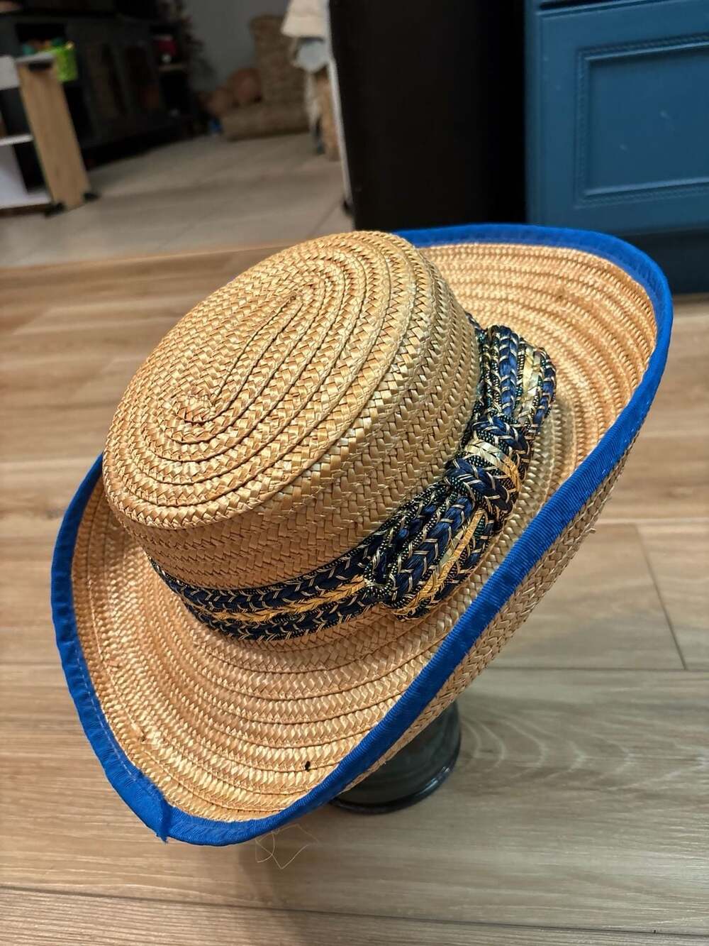 Miriam Lefcourt Vintage Straw Hat with Blue Brim Binding and Gold & Navy Braided
